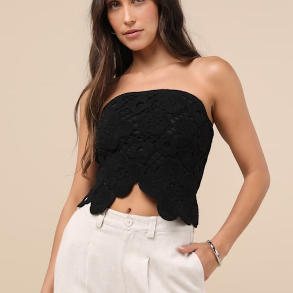 Lulus Envied Attitude Black Crochet Strapless Crop Top - Size M